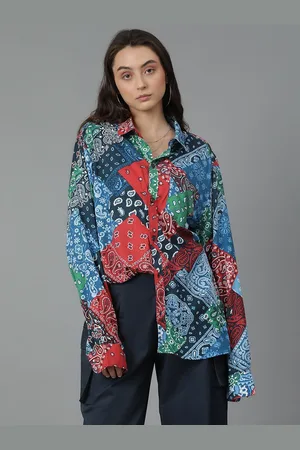 KOTTY Women Spread Collar Abstract Printed Cotton Oversized Casual Shirt