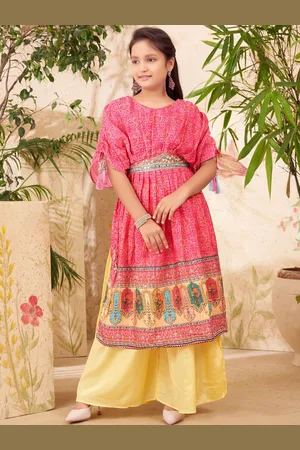 Aarika Girls Floral Printed Regular Pure Silk Kurta with Sharara