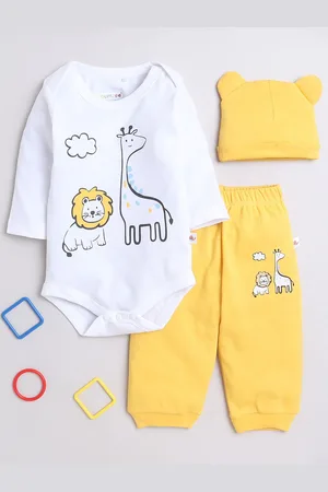 BUMZEE Infant Boys Printed Long Sleeves Pure Cotton Bodysuit With Joggers & Cap