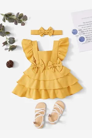LYTIX Infant Girls Bow Front Square Neck Crepe Flutter Sleeves Ruffle Flare Dress