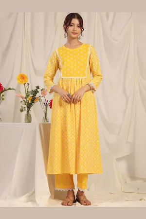 anayna Women Ethnic Motifs Printed Tiered Pure Cotton Kurta with Trousers