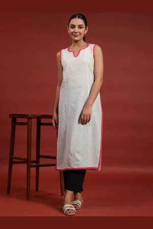 anayna Women Geometric Thread Work Pastels Dobby Kurta