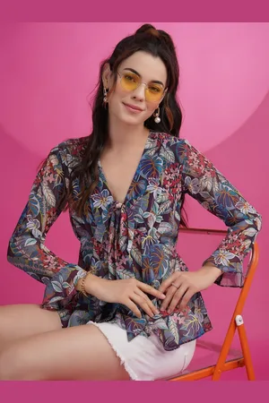 Sangria Blue Floral Printed V-Neck Bell Sleeve Georgette A-Line Top