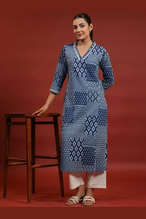 anayna Geometric Printed V-Neck Pure Cotton Straight Kurta