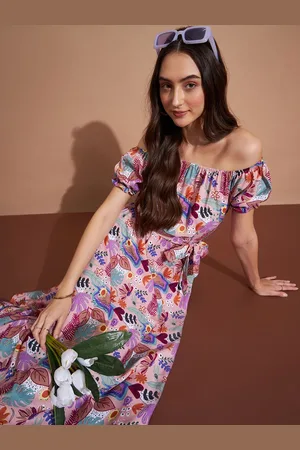 DressBerry Tropical Printed Off-Shoulder Puff Sleeve Crepe A-Line Midi Dress