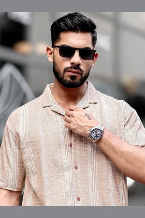 Maniac Men Comfort Cuban Collar Striped Cotton Oversized Casual Shirt