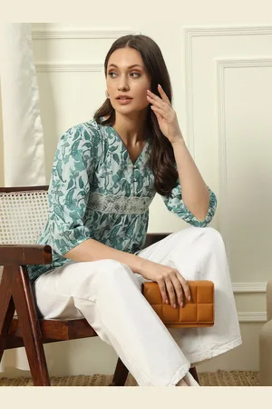 FIORRA Women Abstract Printed V-Neck Cotton Top