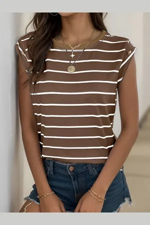 HERE&NOW Women Striped Henley Neck Extended Sleeves Monochrome Pockets T-shirt