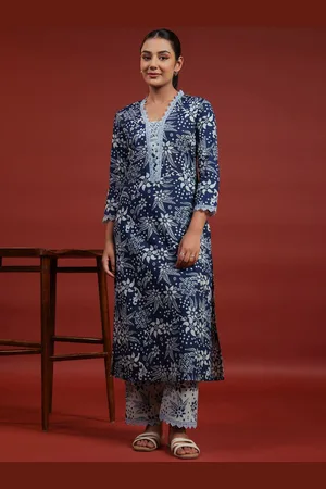 anayna Women Floral Printed Thread Work Pure Cotton Kurta & Trousers Set