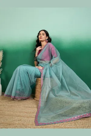 Sangria Women Blue Organza Sequinned Embroidered Border Saree with Blouse Piece