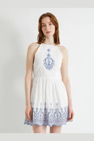 Koton Ethnic Motifs Embroidered Halter Neck A-Line Dress
