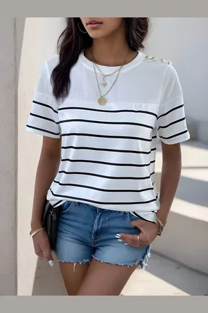 HERE&NOW Women Striped Henley Neck Pockets T-shirt