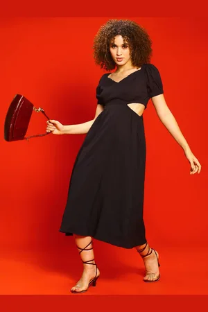 Sera Women Bodycon Square Neck Puff Sleeves Midi Dress