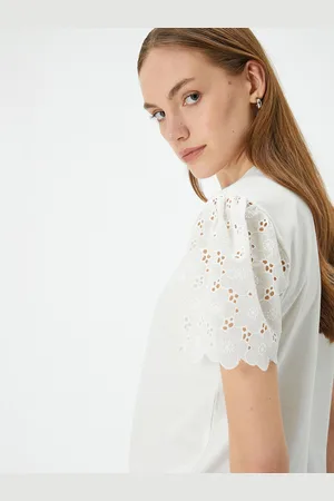 Koton Women Solid Round Neck Pure Cotton Schiffli Top