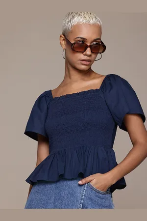 Roadster Flared Sleeves Smocked Cotton Poplin Peplum Top