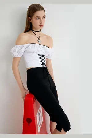 Koton Solid Off-Shoulder Puff Sleeve Cotton Bardot Crop Top