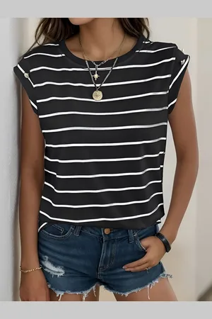 HERE&NOW Women Striped Henley Neck Extended Sleeves Monochrome Raw Edge T-shirt