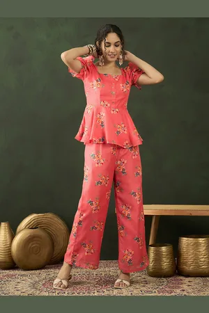 Sangria Floral Printed Square Neck Top With Trouser