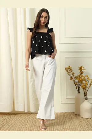 FIORRA Women Floral Printed Embroidered Square Neck Cotton Top