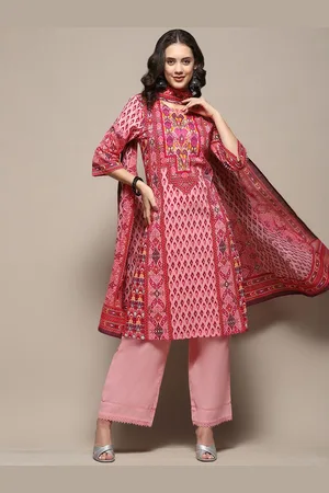 Biba Ethnic Motifs Printed Round Neck Pure Cotton Straight Kurta With Palazzos & Dupatta