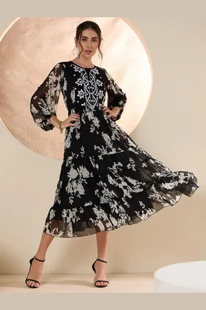 Antheaa Women Floral Embroidered Fit & Flare Midi Dress