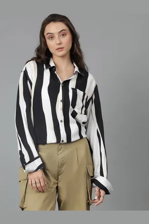 KOTTY Women Spread Collar Striped Cotton Oversized Casual Shirt