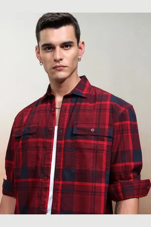 Highlander Men Sulphur Washed Printed Checked Stylised Pocket Oversized Shirt