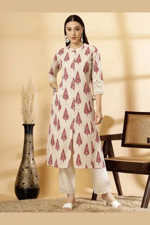 Pistaa Ethnic Motifs Printed Band Collar Cotton A-Line Kurta