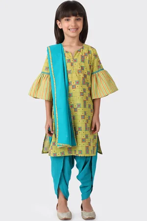 Fabindia Girls Yellow Floral Printed Pure Cotton Kurta with Dhoti Pants & With Dupatta