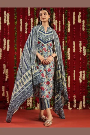 anayna Blue & Red Floral Printed Mandarin Collar Pure Cotton Kurta with Trousers & Dupatta