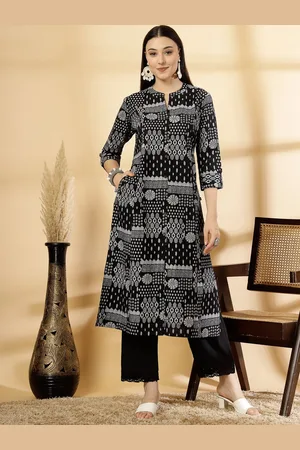 Pistaa Geometric Printed Band Collar Pure Cotton A-Line Kurta