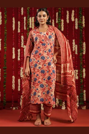 anayna Red & Blue Floral Printed V-Neck Pure Cotton Kurta with Trousers & Dupatta