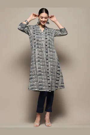 Biba Geometric Printed Mandarin Collar Cotton A-Line Kurta