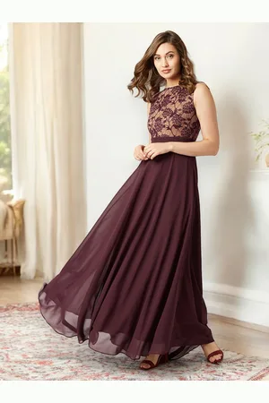 Miss Chase Women Beige & Wine Lace Insert Sleeveless Maxi Dress