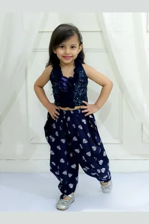 Twisha Girls Printed Sequinned Halter Neck Sleeveless Top With Dhoti Pants