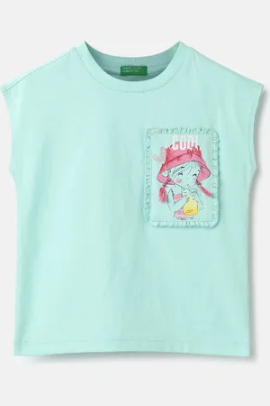 Benetton Girls Solid Round Neck Pure Cotton T-Shirt