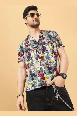 PEOPLE Men Cuban Collar Graphic Printed Slim Fit Casual Shirt
