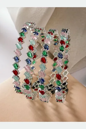 Zeneme Set Of 4 Rhodium Plated American Diamond Studded Bangles