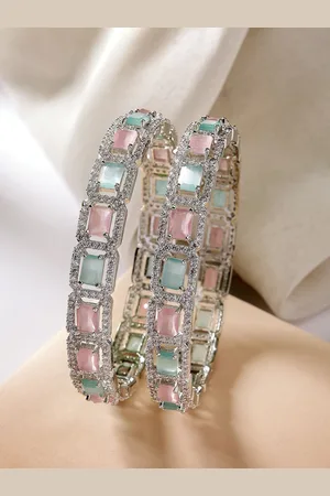 Zeneme Set Of 2 Rhodium Plated American Diamond Studded Bangle