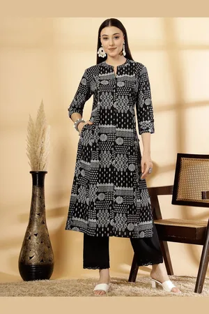 Pistaa Geometric Printed Mandarin Collar Pure Cotton A-Line Kurta