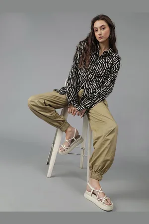 KOTTY Women Spread Collar Abstract Printed Cotton Oversized Casual Shirt