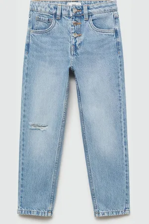 MANGO Girls Cotton Mildly Distressed Light Fade Mom Fit Jeans
