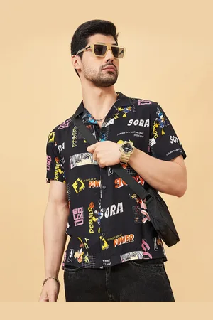 PEOPLE Men Cuban Collar Graphic Printed Slim Fit Casual Shirt