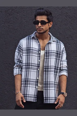 Powerlook Men Spread Collar Tartan Checked Cotton Canvas Casual Shirt