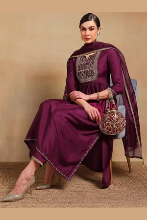 Ahika Women Purple Silk Blend Solid Yoke Design Flared Empire Kurta Trouser With Dupatta