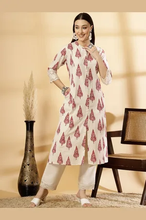 Pistaa Floral Printed Mandarin Collar A-Line Pure Cotton Kurta