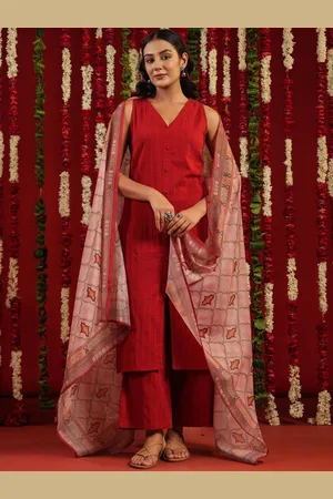 anayna V-Neck Pure Cotton Straight Kurta with Palazzos & Dupatta