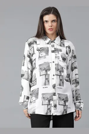KOTTY Women Spread Collar Conversational Printed Cotton Oversized Casual Shirt