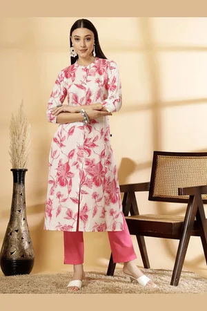 Pistaa Floral Printed Band Collar Pure Cotton A-Line Kurta