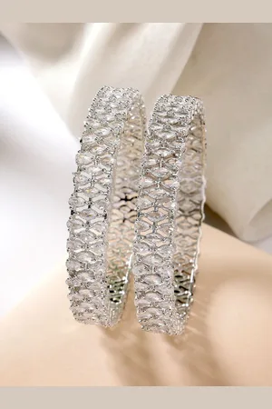 Zeneme Set Of 2 Rhodium-Plated American Diamond Studded Bangles